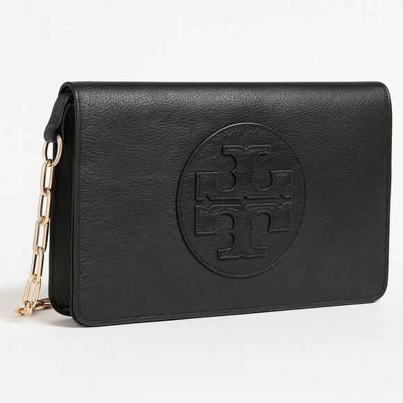 Tory Burch Bombe Reva Leather Shoulder Bag Black Gold Chain Logo Clutch - Picture 1 of 15
